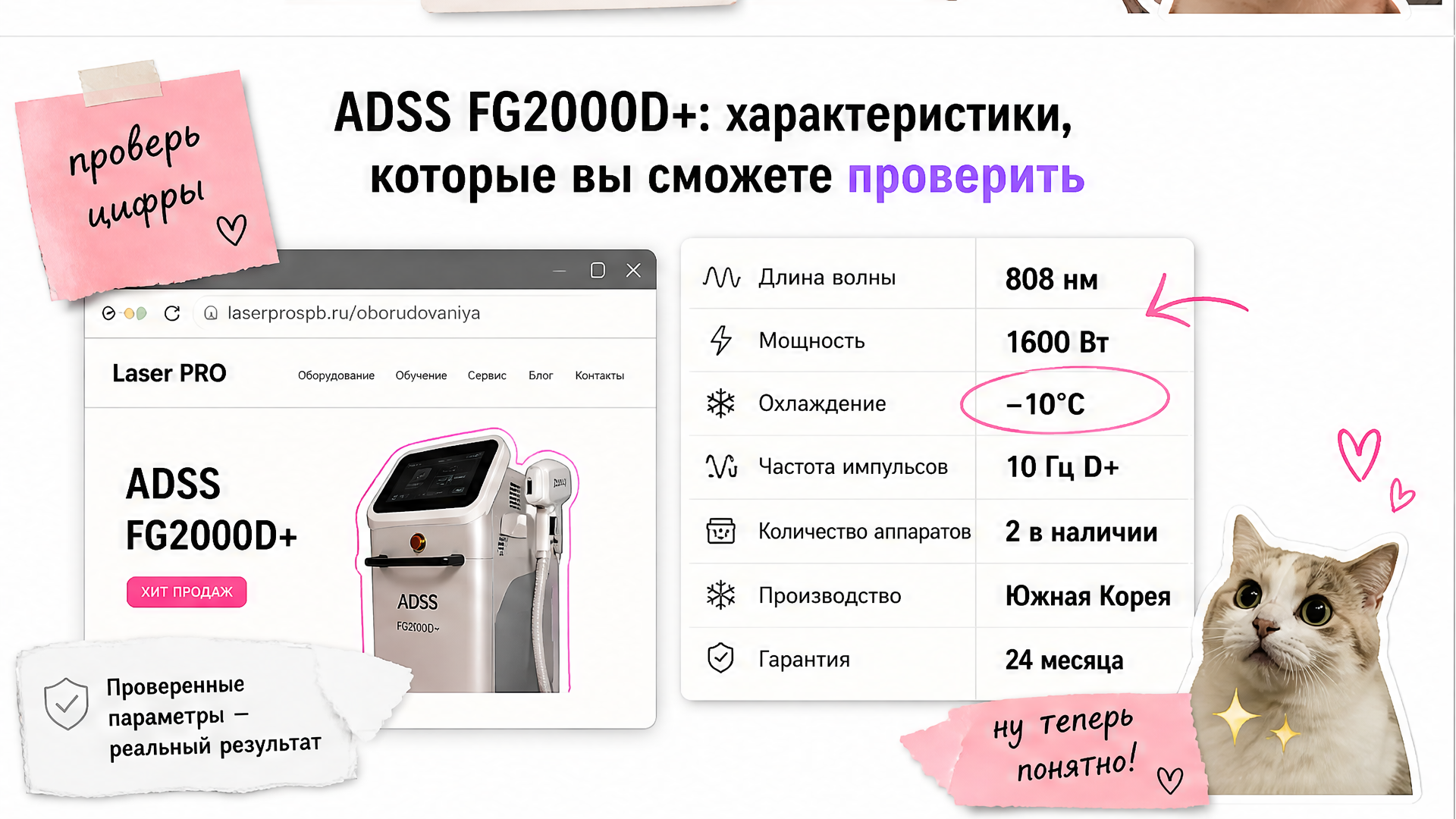 Таблица характеристик ADSS FG2000D+ в Laser PRO: длина волны, мощность, охлаждение