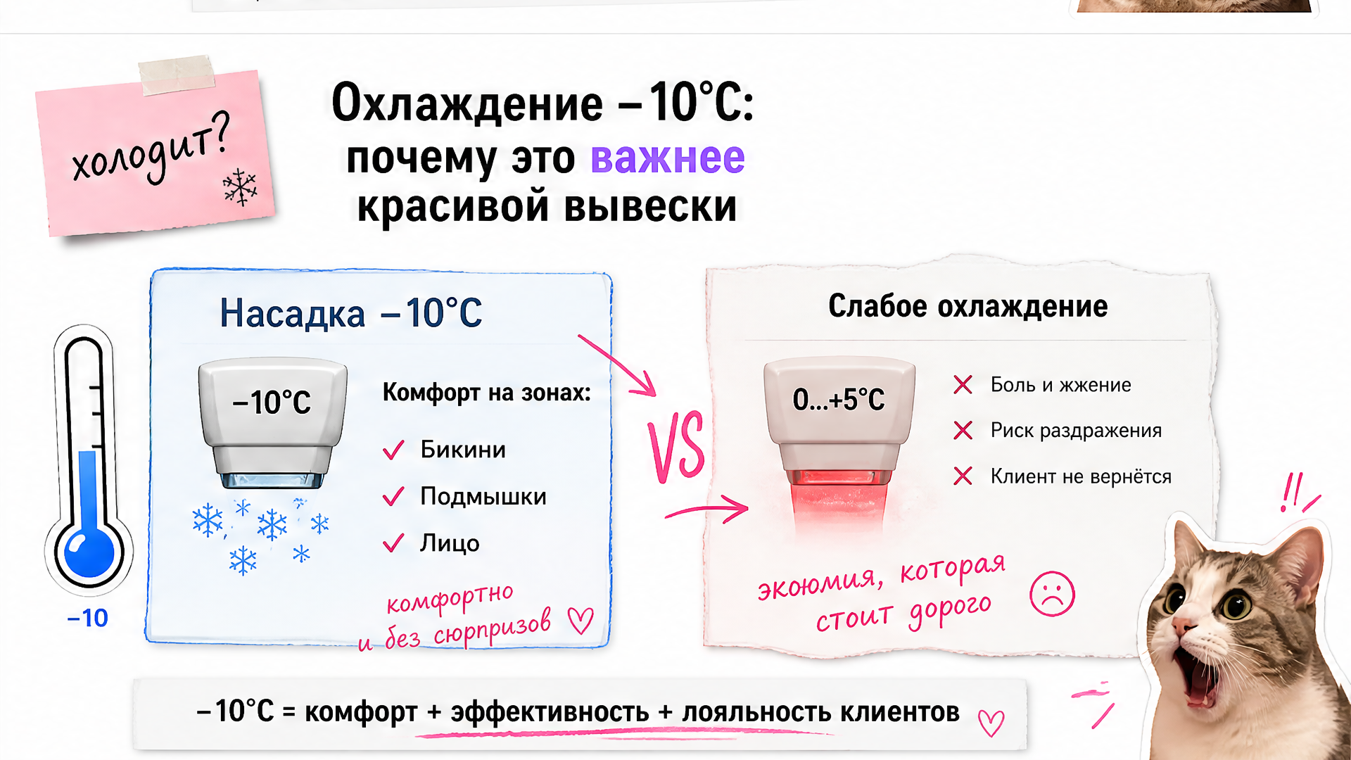 Инфографика охлаждения насадки ADSS FG2000D+ до −10°C для комфорта эпиляции