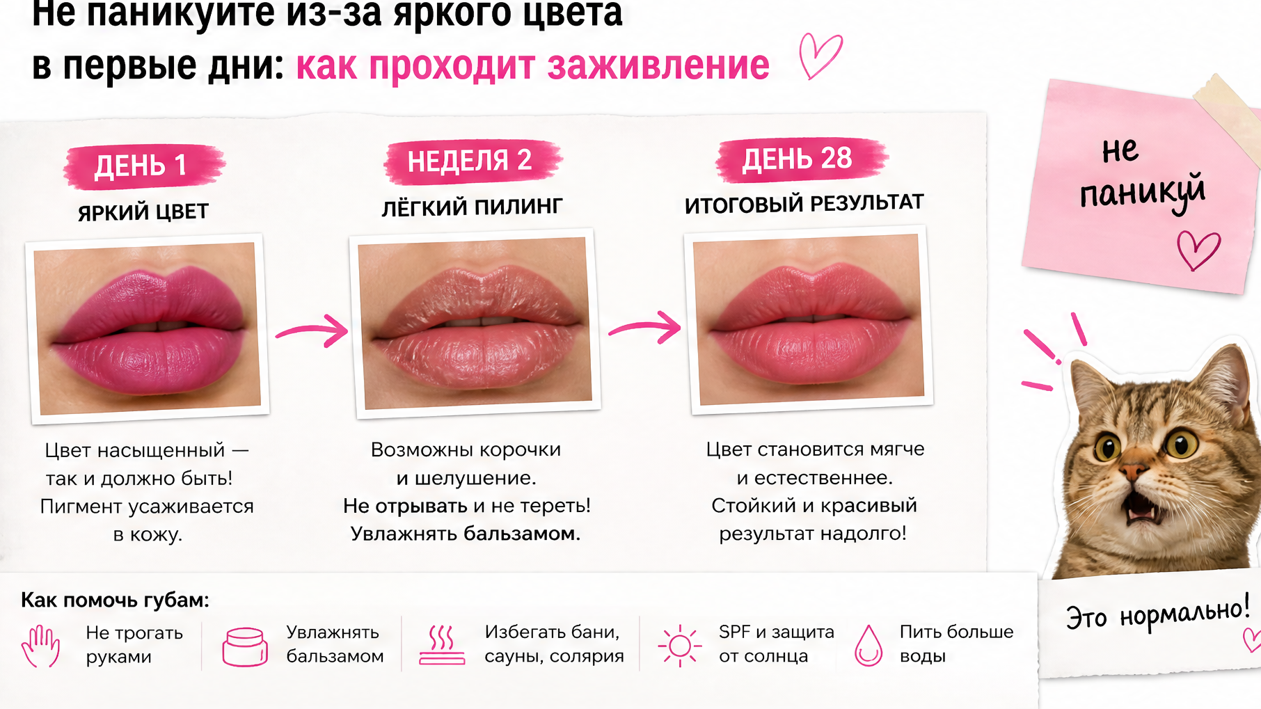 Схема заживления перманента губ: от яркого цвета до финального оттенка