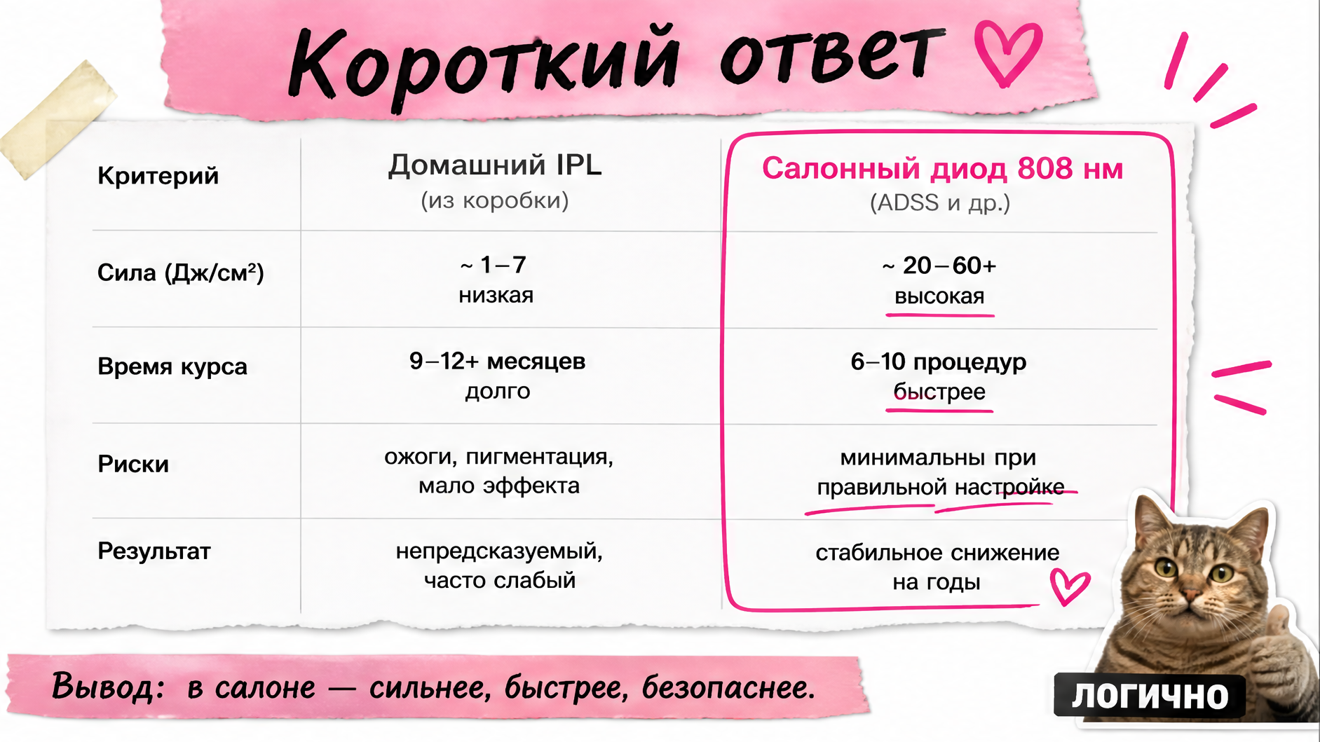 Сравнение домашнего IPL-прибора и салонной насадки диодного лазера 808 нм