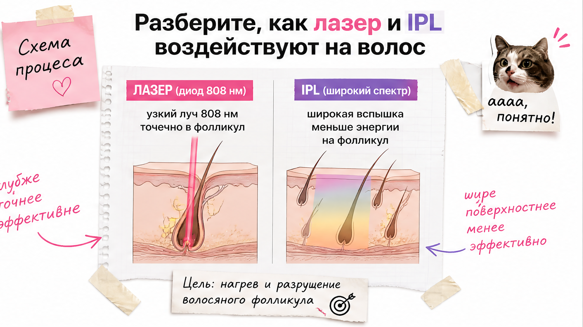 Схема: диодный луч в меланин волоса и широкий спектр IPL