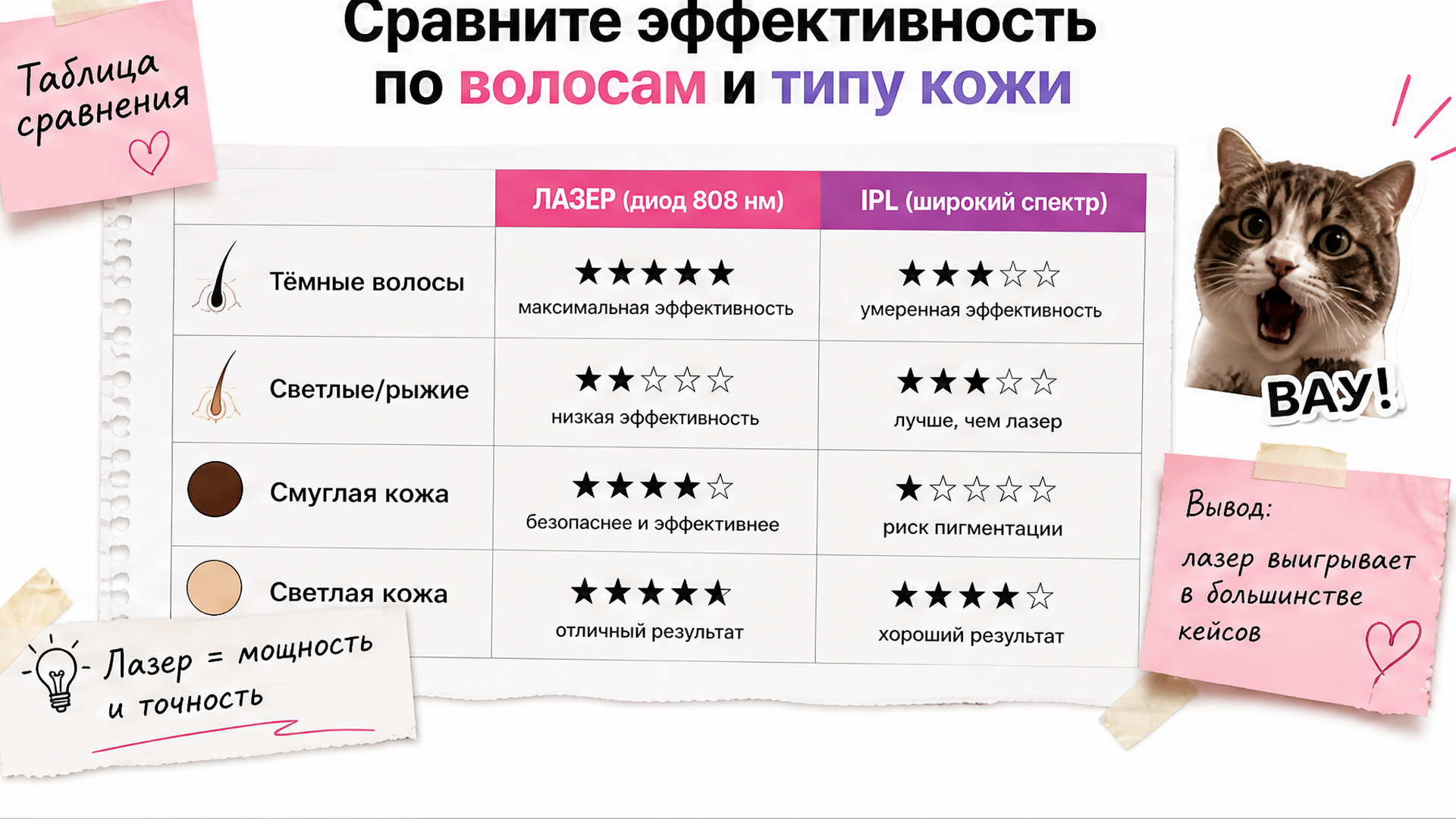 Таблица сравнения лазера и IPL по типу волос и кожи