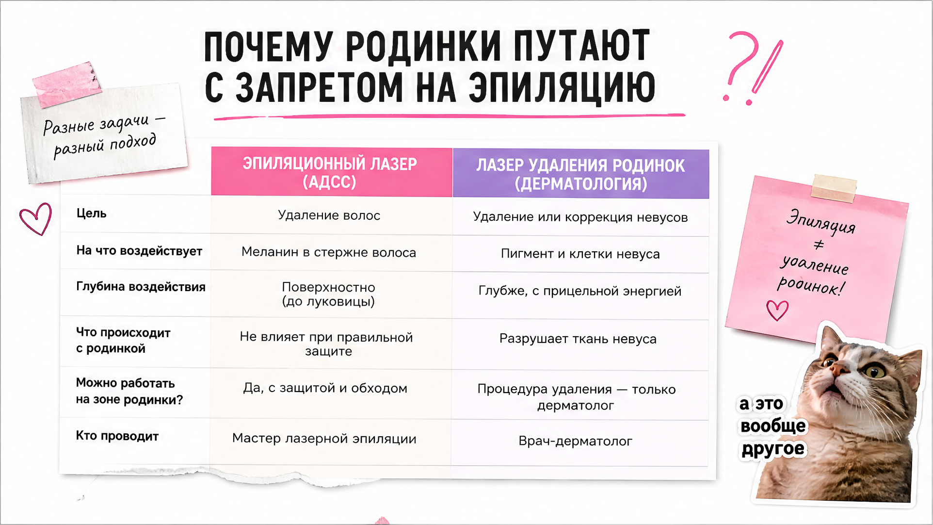 Таблица эпиляционный лазер и удаление родинок — разные задачи
