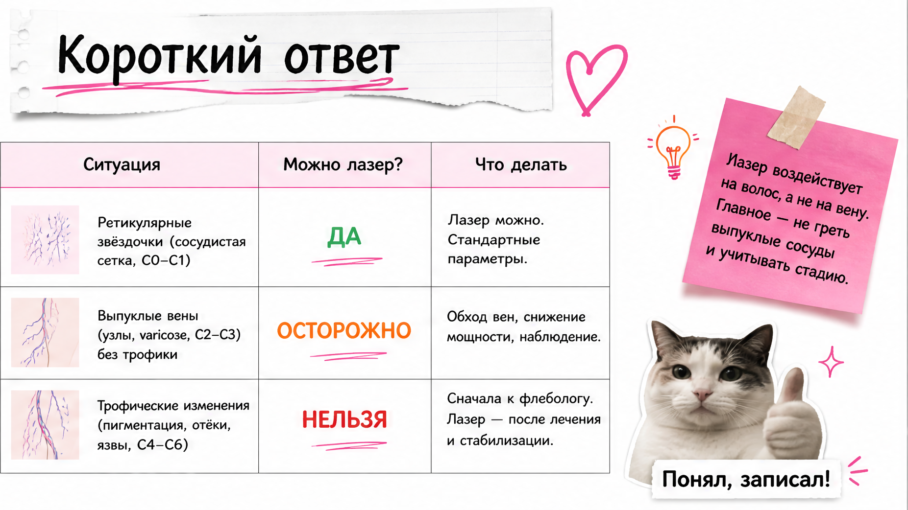 Таблица короткий ответ — лазерная эпиляция при варикозе