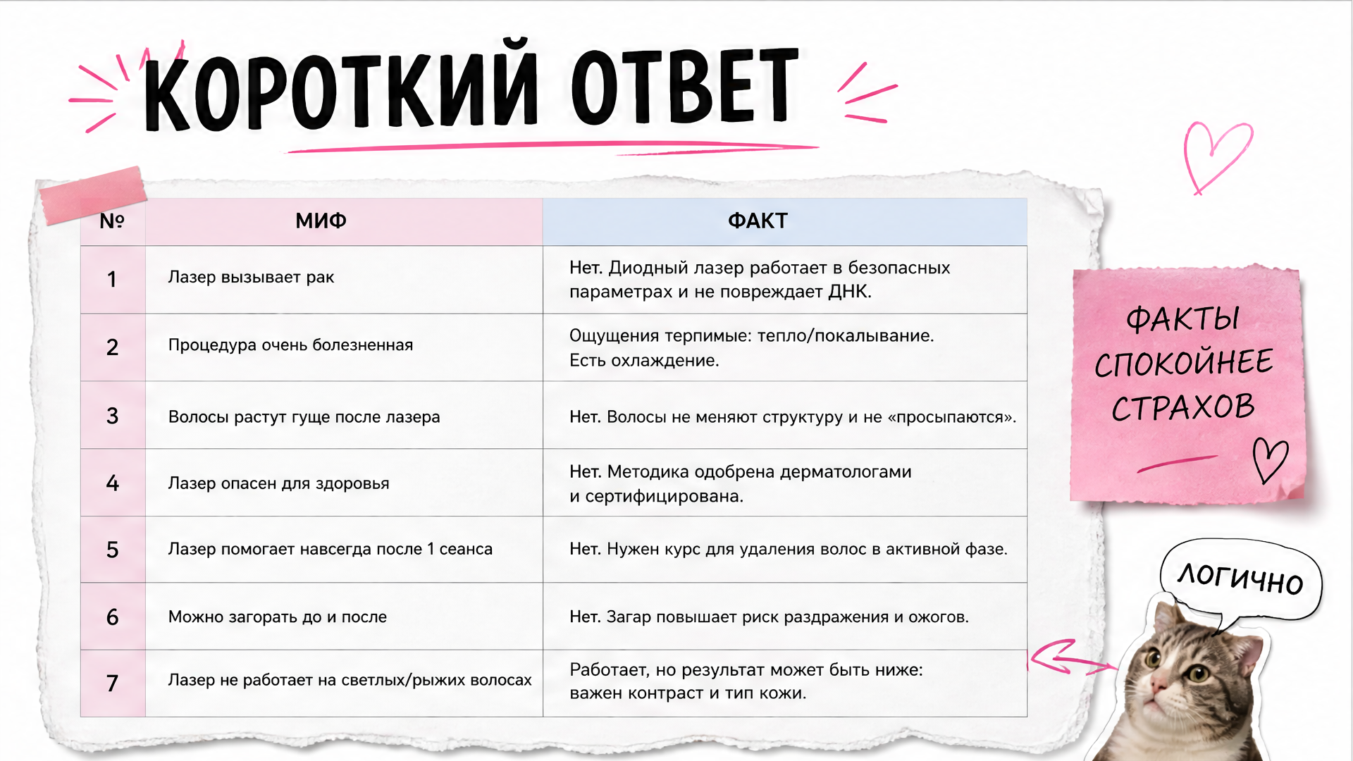Таблица миф и факт: короткий ответ о лазерной эпиляции
