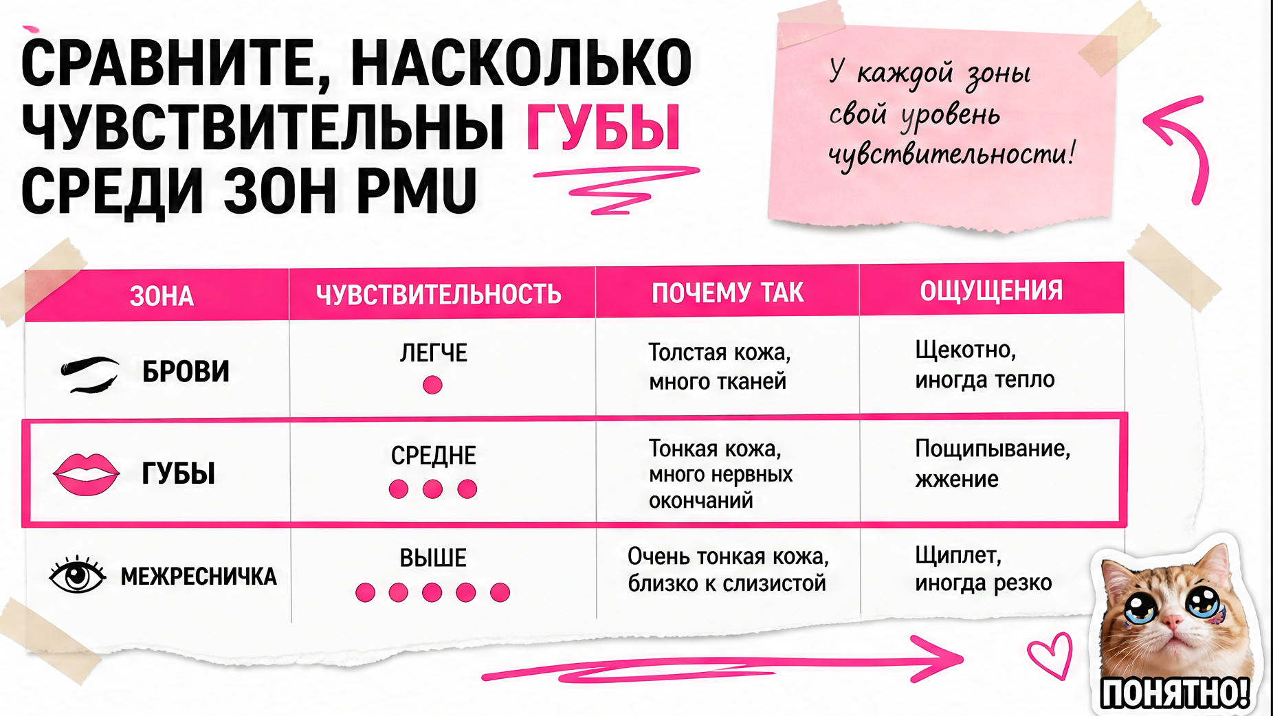Таблица сравнения чувствительности зон перманентного макияжа