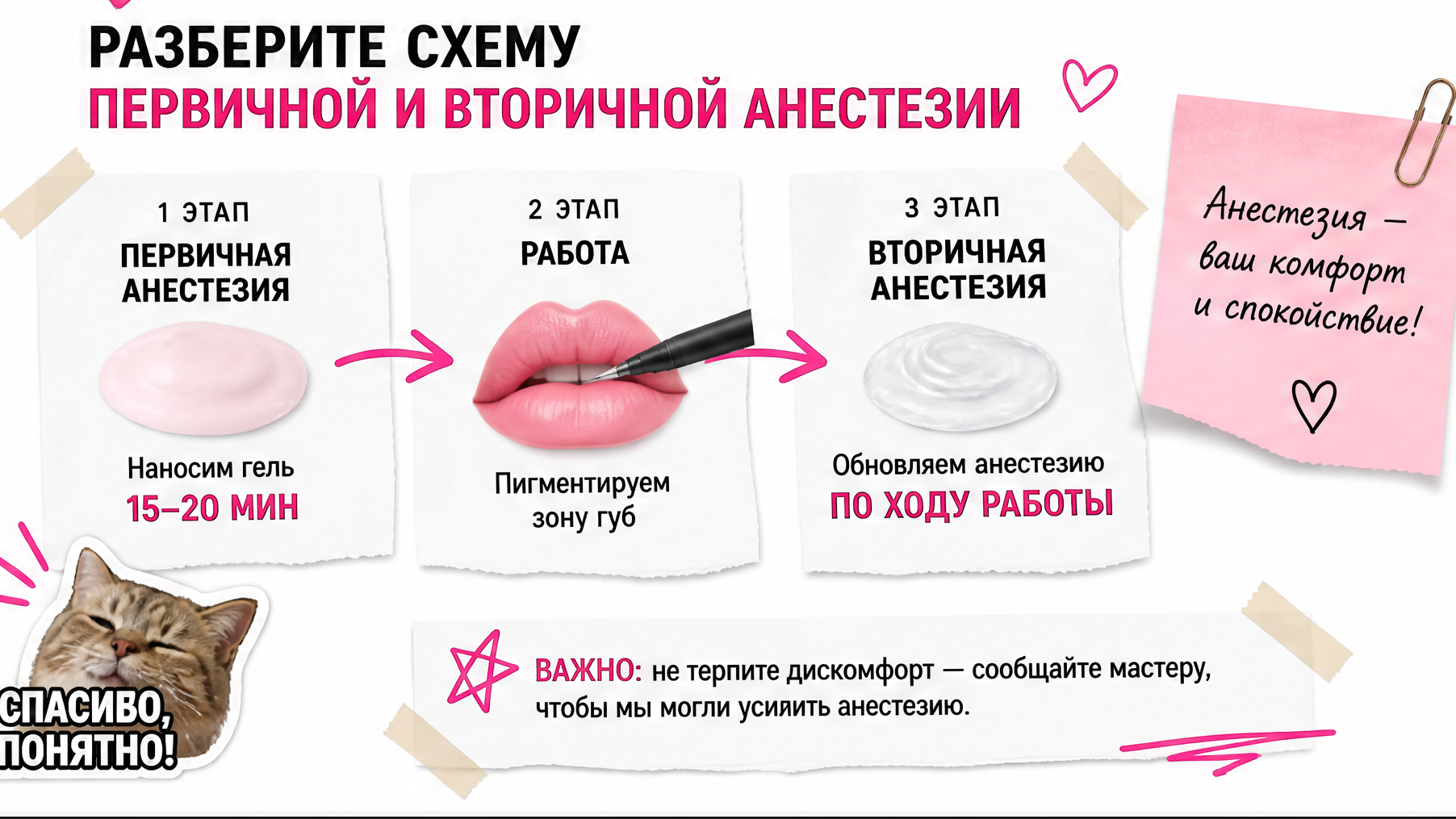 Схема первичной и вторичной анестезии при перманенте губ