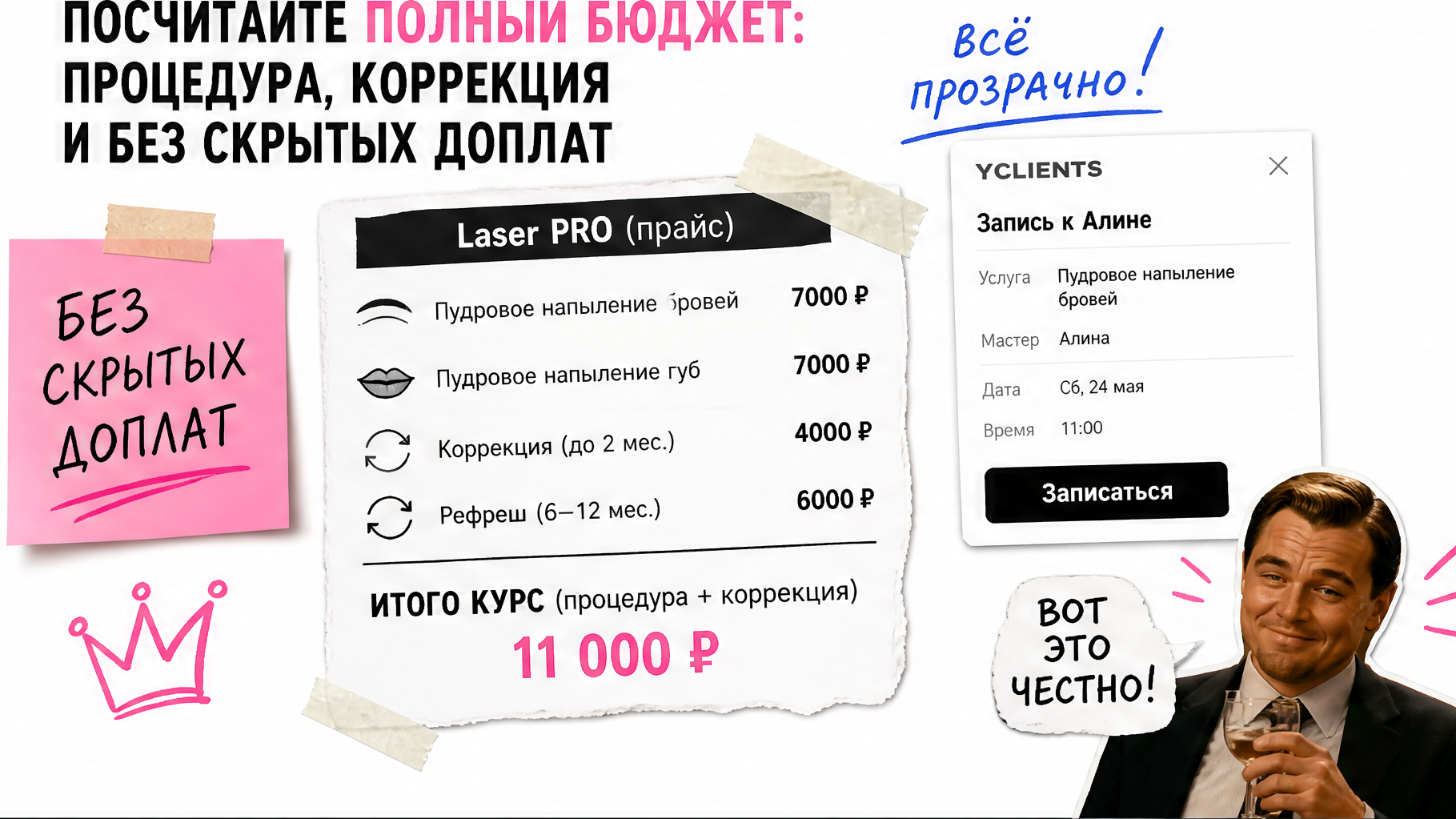 Прайс Laser PRO: перманент бровей 7000₽, коррекция 4000₽, полный курс 11000₽