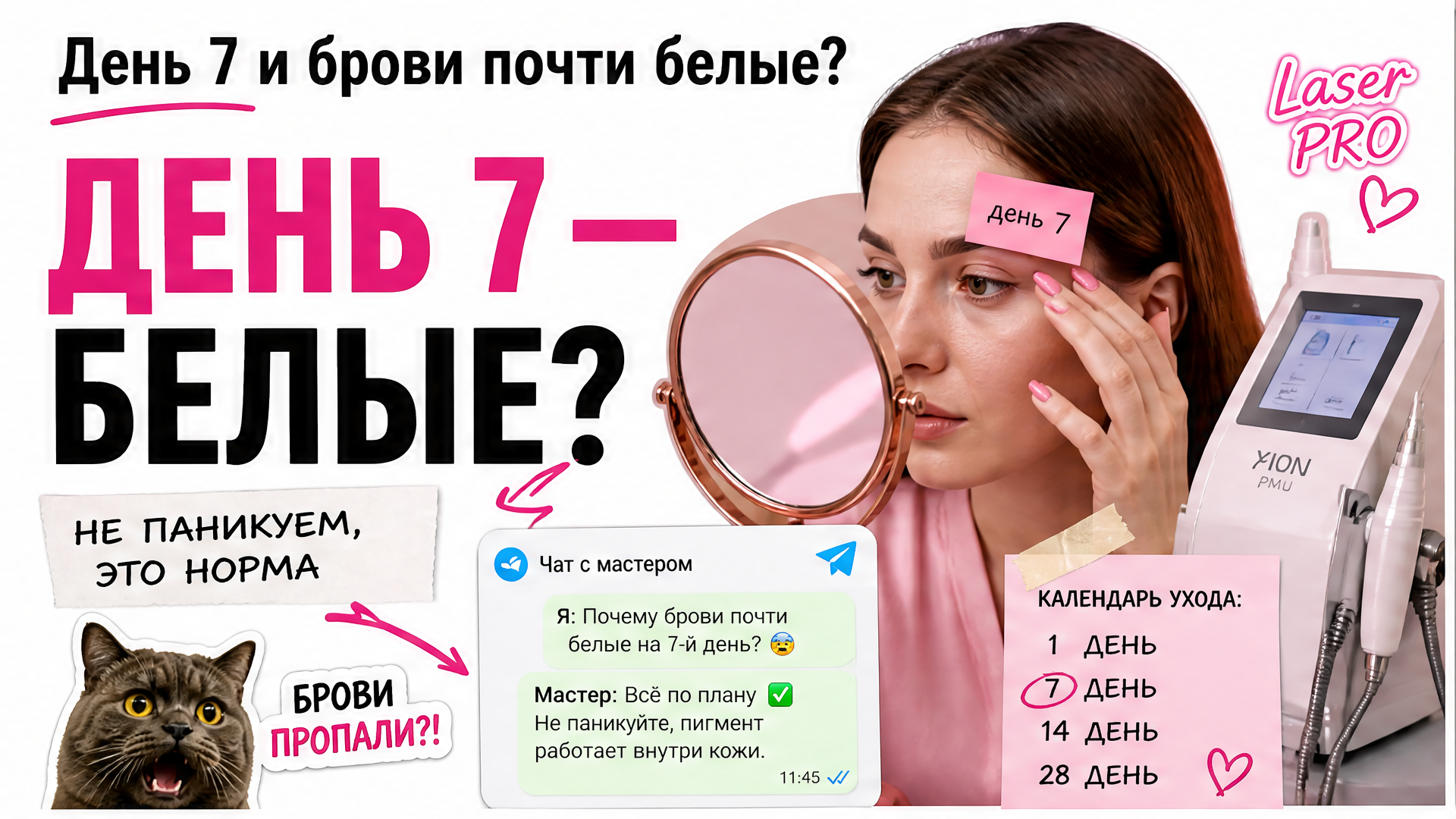 Женщина 24–28 в салоне Laser PRO с календарём дней заживления бровей, обложка про перманент по дням