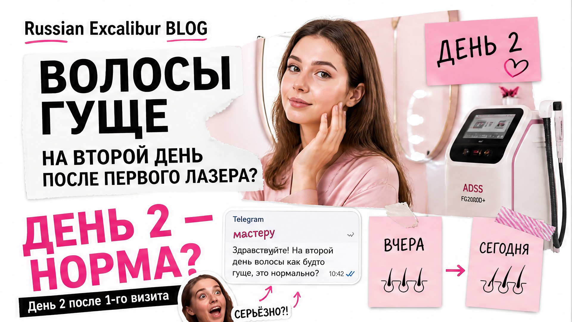 Женщина 22–26 в салоне Laser PRO смотрит в зеркало на день 2 после первой лазерной эпиляции, обложка про ощущения на следующий день