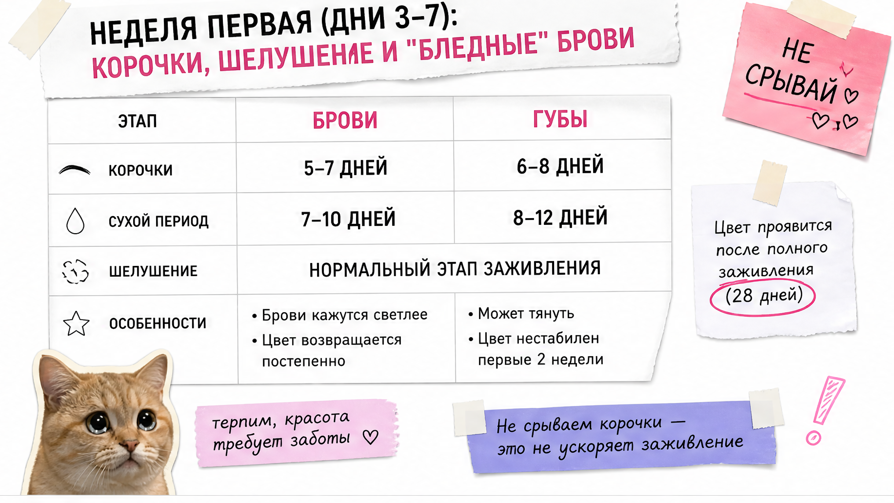 Таблица заживления бровей и губ: корочки, сухой период, особенности