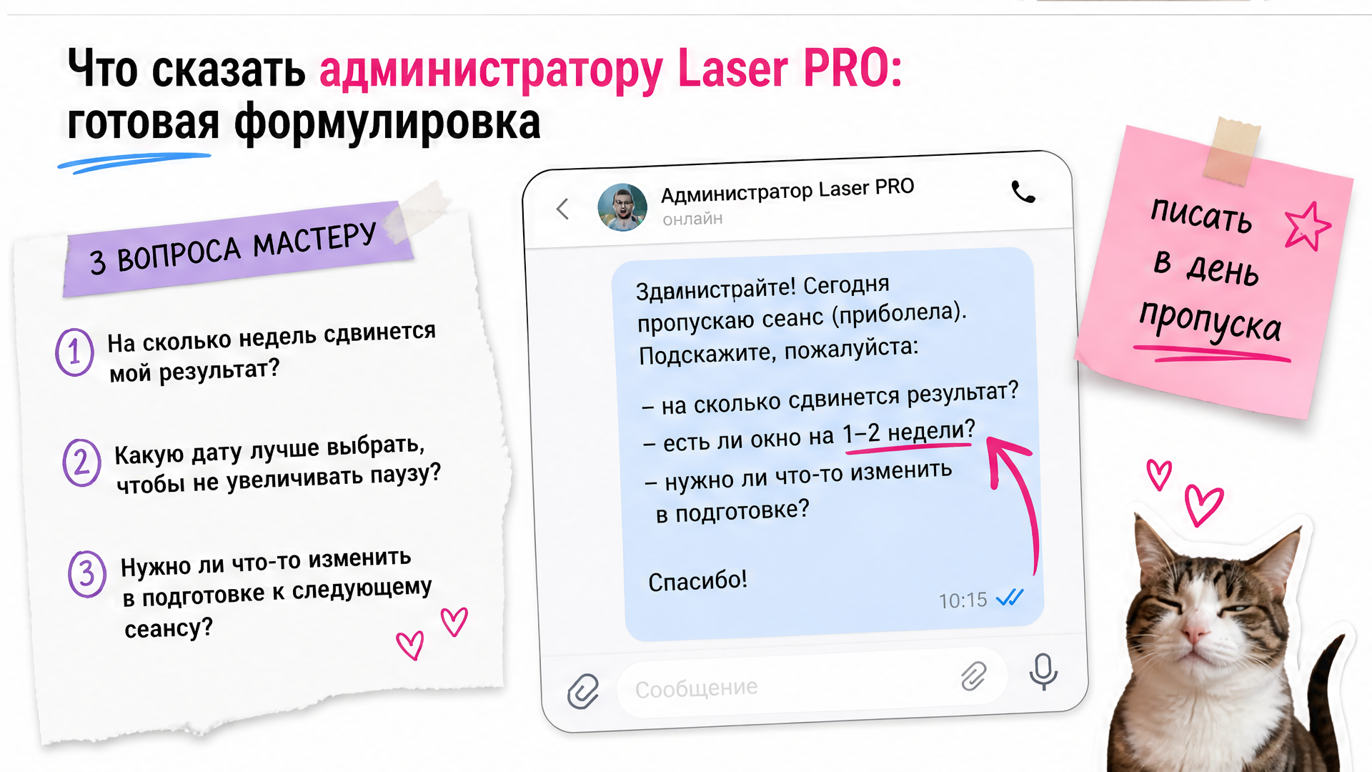 Чеклист что написать администратору Laser PRO при пропуске сеанса лазера
