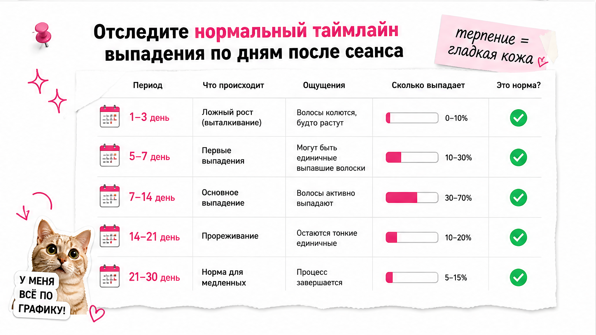 Таймлайн выпадения волос по дням: от ложного роста на 3–5 день до основного выпадения 7–21 день