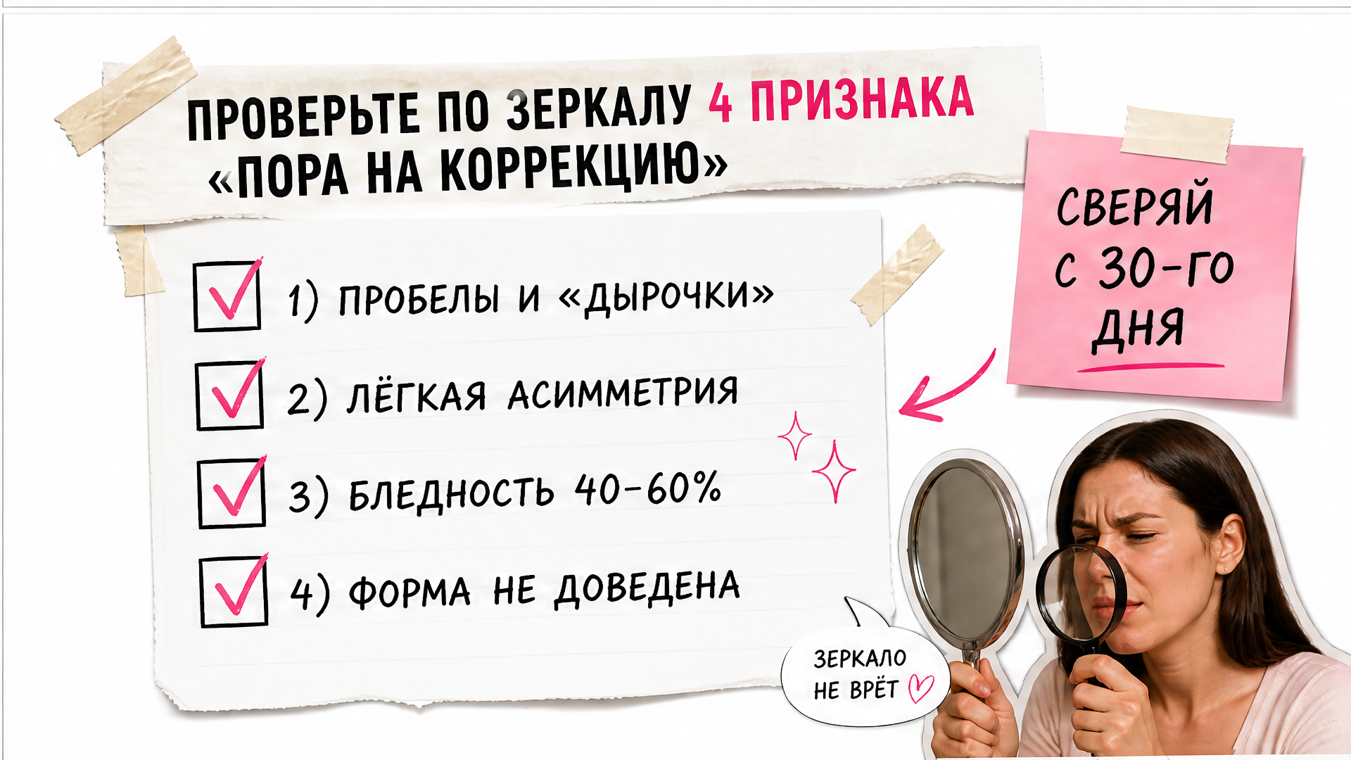 Чек-лист четырёх признаков коррекции перманента бровей и губ для проверки по зеркалу с 30-го дня