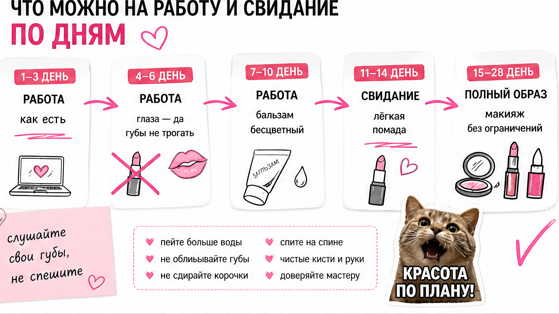 Схема возврата макияжа на работу и свидание по дням после перманента губ