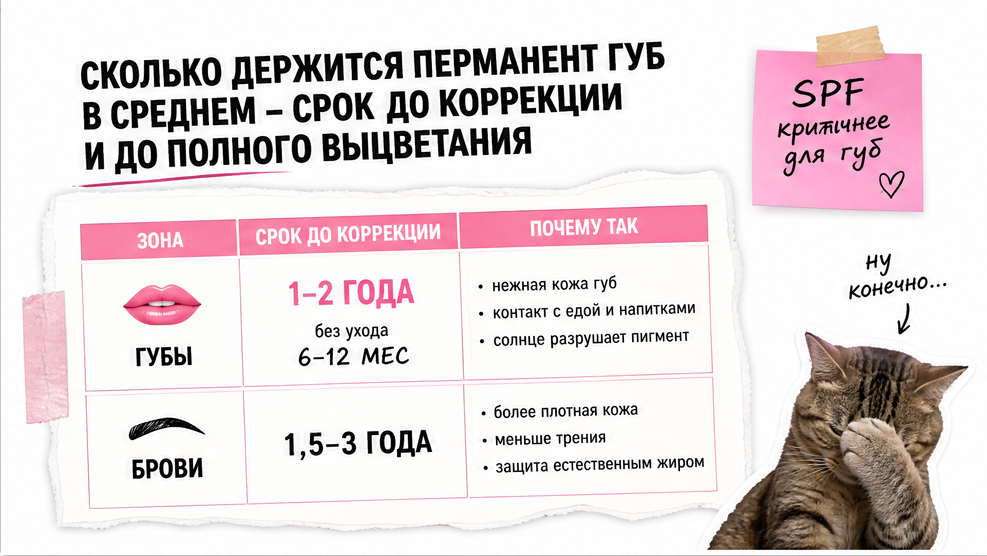Таблица сравнения срока носки перманента: губы 1-2 года (без ухода 6-12 мес) против бровей 1,5-3 года с пояснением причин