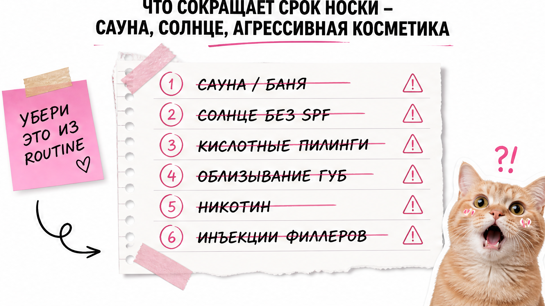 Чеклист из 6 факторов, сокращающих срок носки перманента губ: сауна, солнце без SPF, кислоты, облизывание, никотин, филлеры