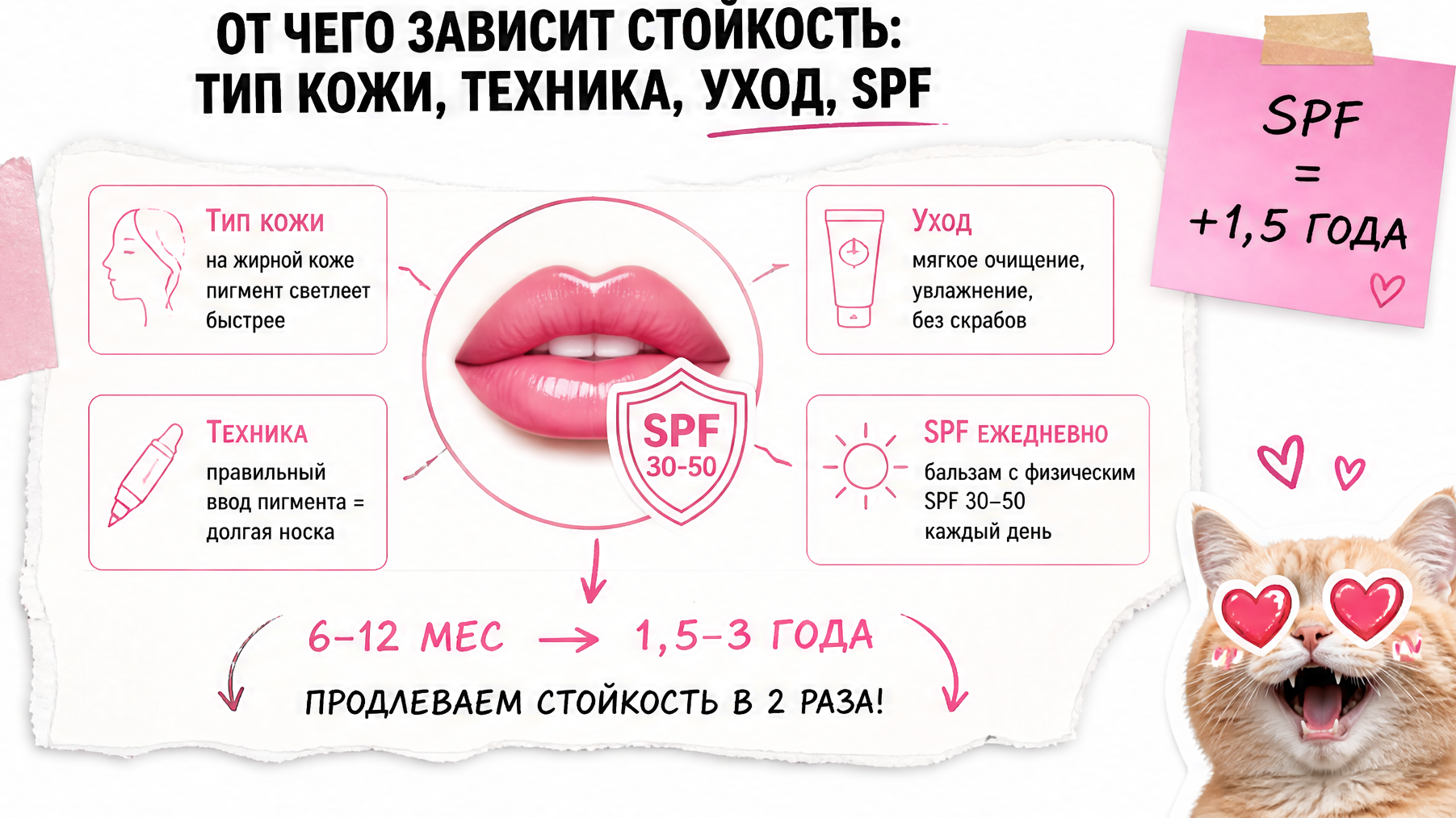 Инфографика: бальзам с физическим SPF 30-50 ежедневно продлевает срок перманента губ с 6-12 месяцев до 1,5-3 лет