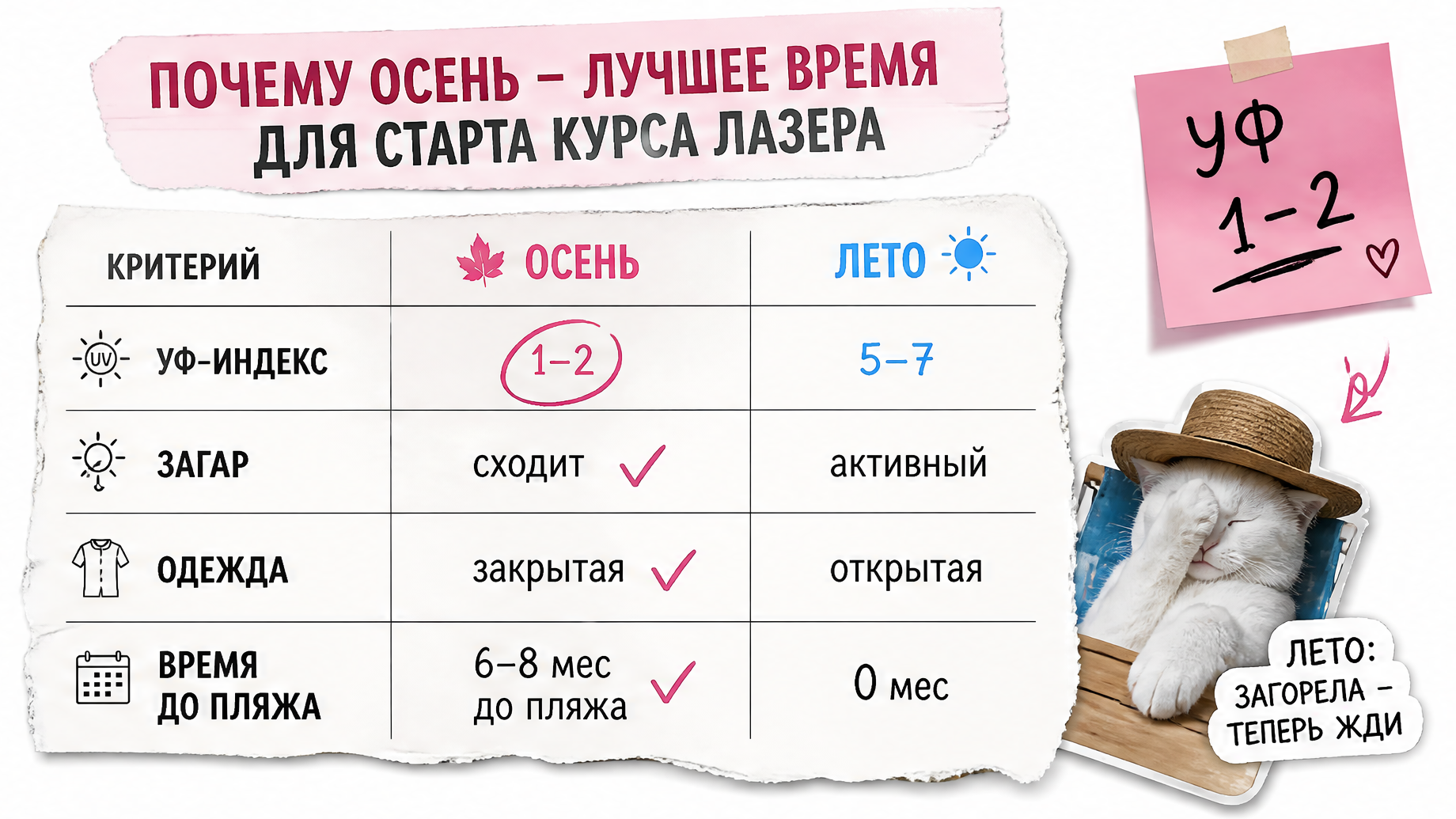 Таблица: осень против лета для лазерной эпиляции — УФ-индекс, загар, одежда, время до пляжа