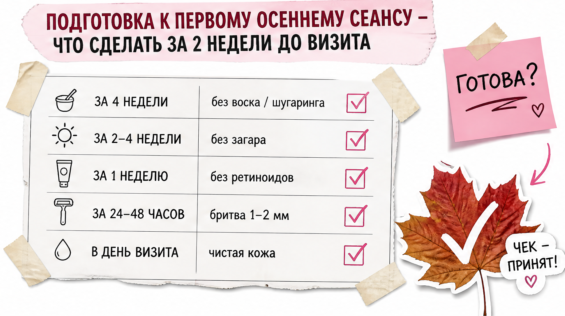 Чек-лист: подготовка к первому осеннему сеансу лазера за 2 недели до визита