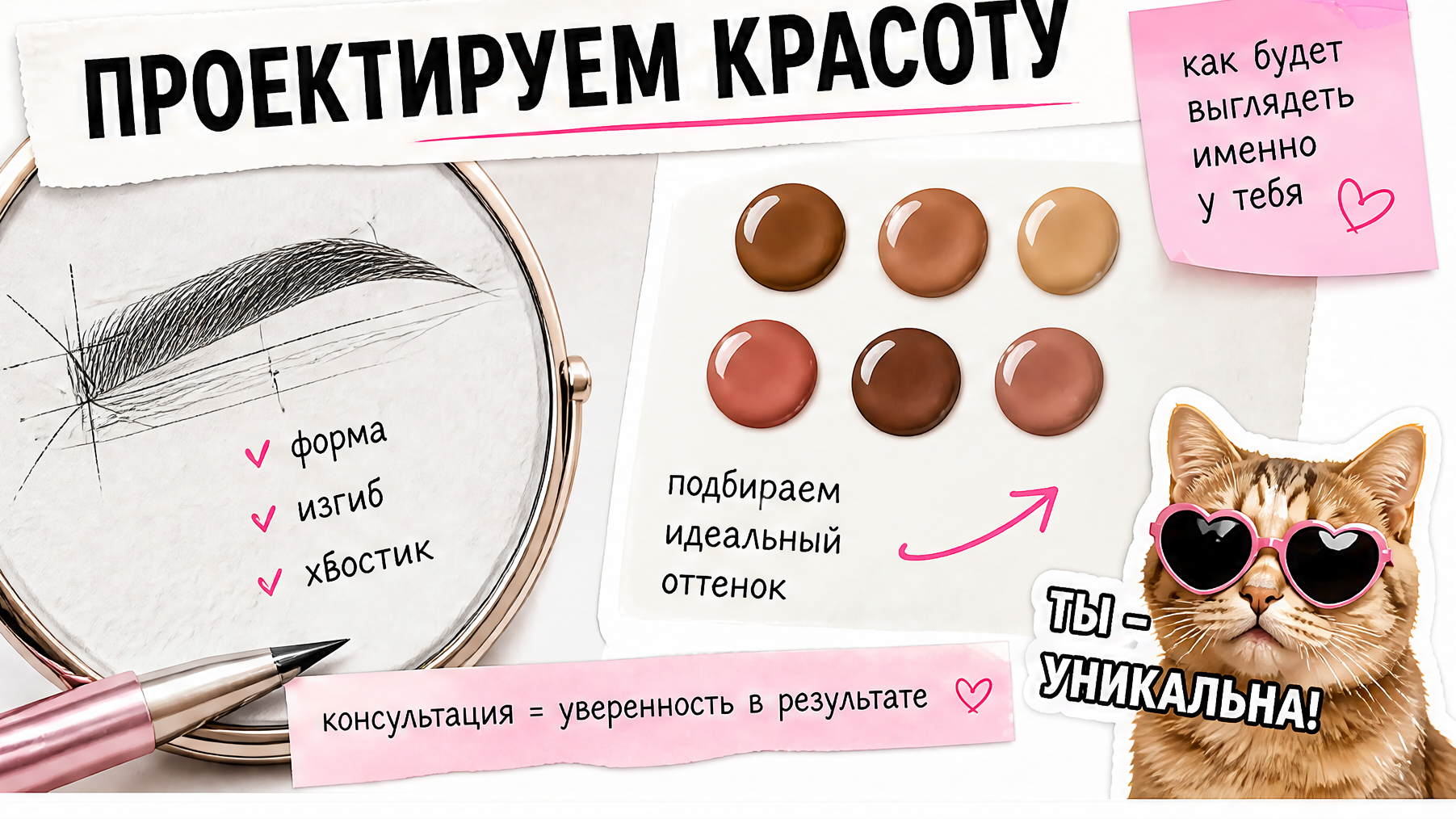 Консультация перманента: эскиз бровей и губ на зеркале перед процедурой