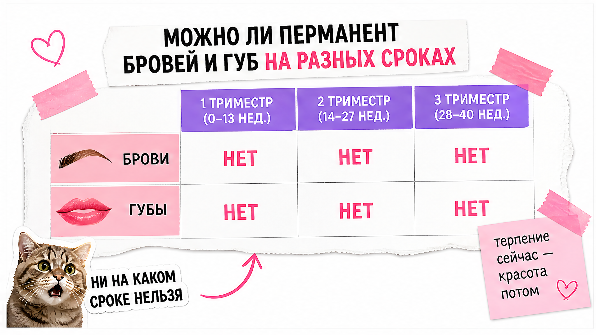 Таблица триместров — перманент бровей и губ при беременности запрещён