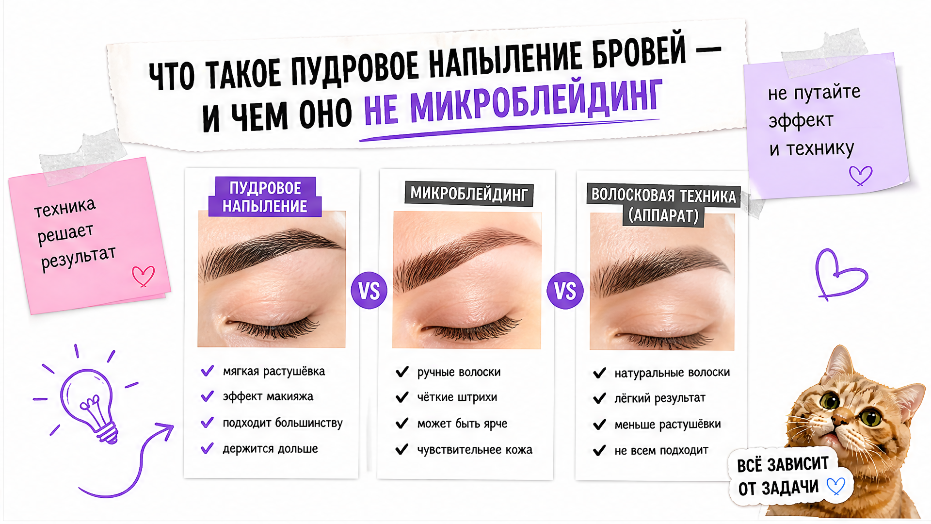 Сравнение пудрового напыления, микроблейдинга и волоскового перманента бровей
