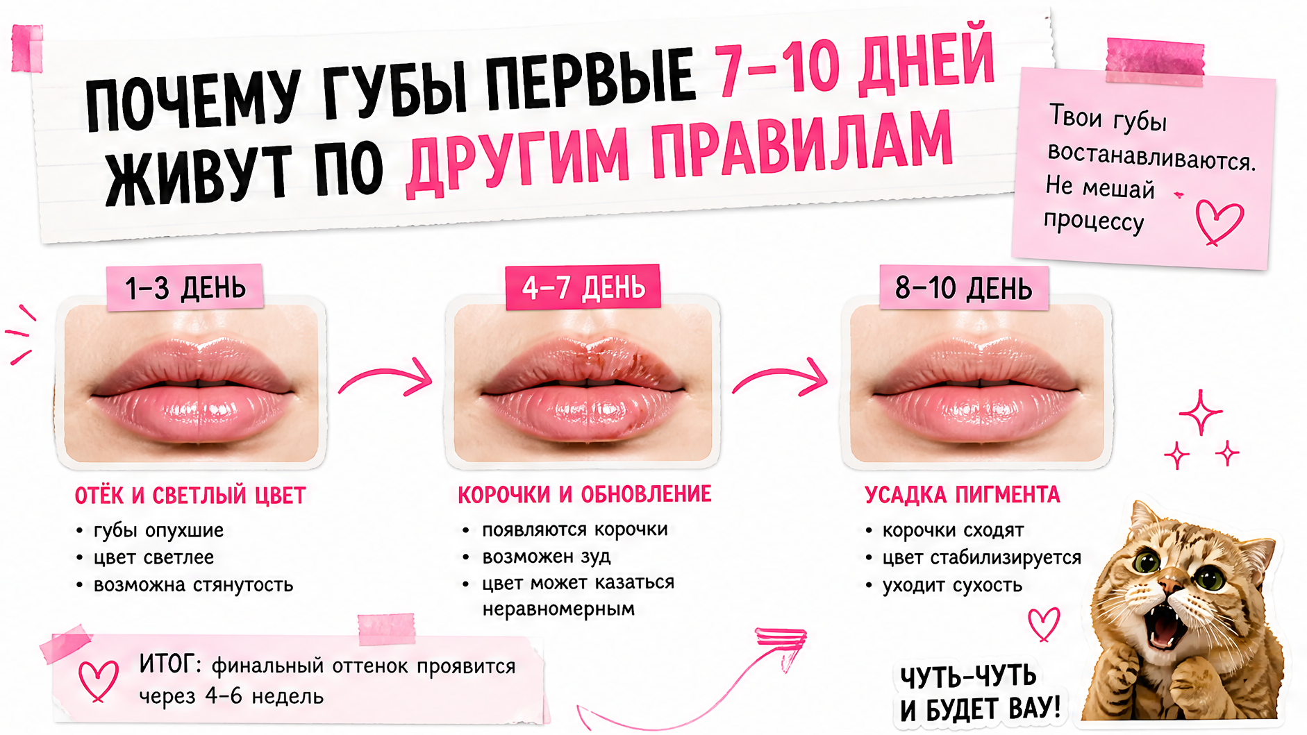Заживление перманента губ: отёк, корочки и оседание пигмента по дням