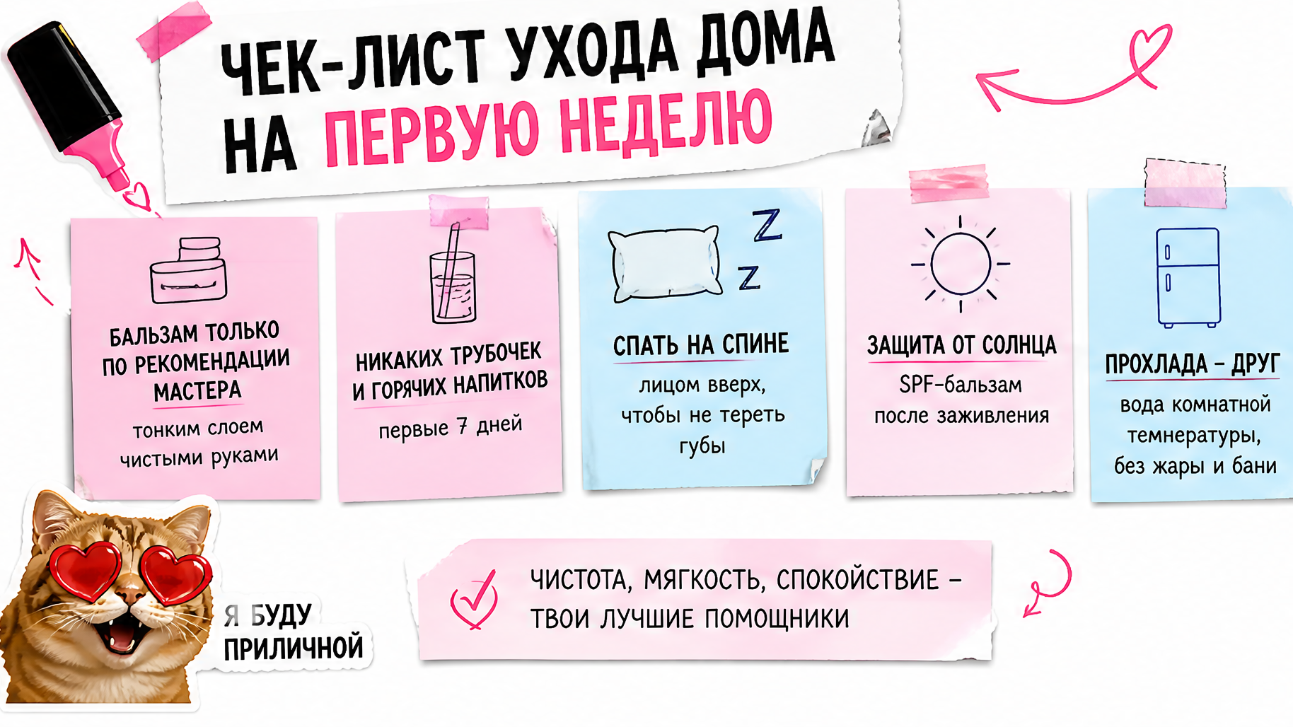 Чек-лист ухода после перманента губ: бальзам, трубочка, сон на спине